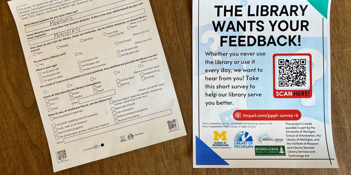 Message From Library Munising School Public Library requests surveys from Alger County residents
