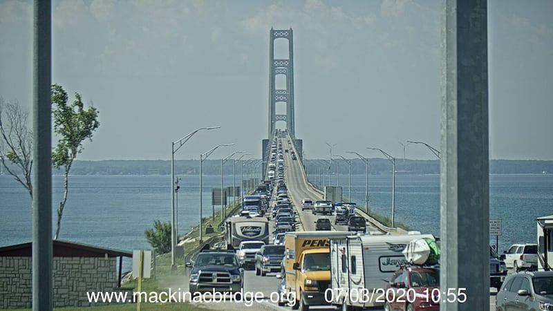 A view of the Mackinac Bridge traffic, looking south from the tollbooths, on July 3, 2020