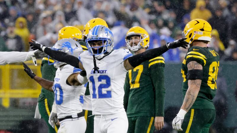 Detroit Lions safety Brandon Joseph (12) reacts during the first half of an NFL football game...