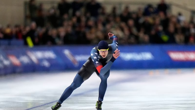 Jordan Stolz competes in the men's 500 meters at the U.S. Olympic trials for long track speed...