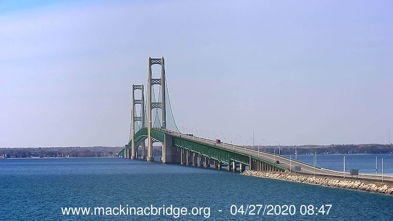 The Mackinac Bridge is seen on April 27, 2020 (Mackinac Bridge Authority webcam)