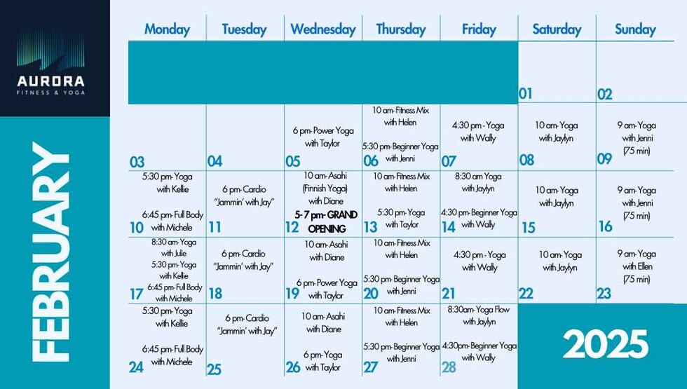 Aurora Fitness and Yoga Calendario de febrero.